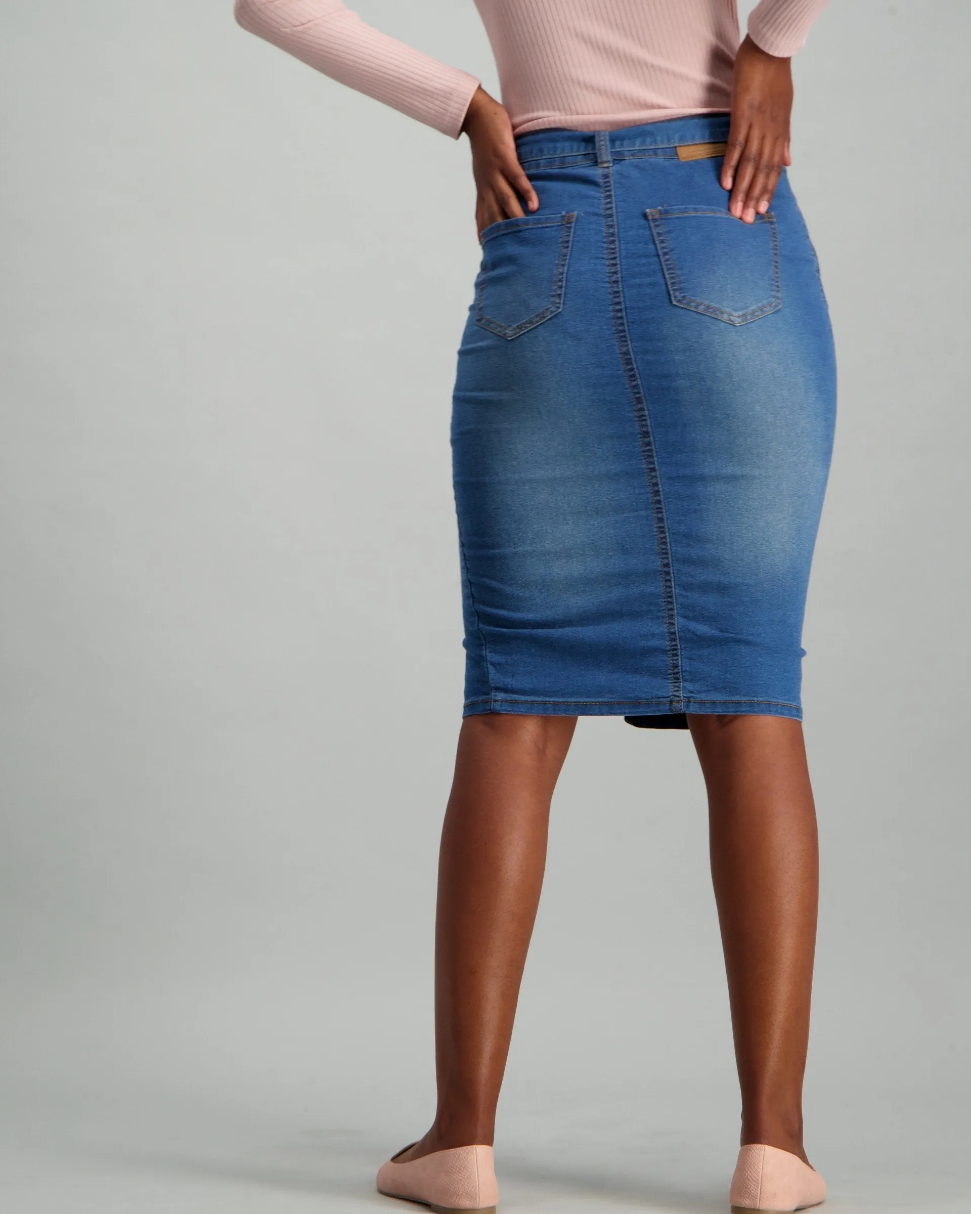 Ladies Self Tie Denim Skirt with Pocket Detail - Medium Wash
