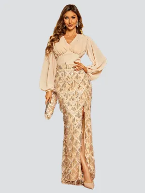 Lantern Sleeve Fringed Prom Dress XJ911