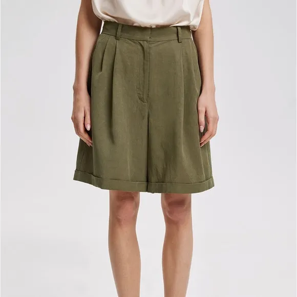 Lattelier Olive Green Longline Tailored Linen Blend Shorts