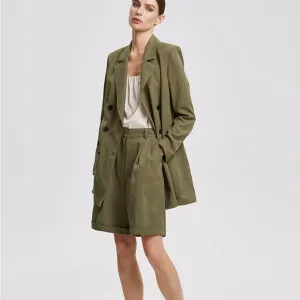 Lattelier Olive Green Longline Tailored Linen Blend Shorts