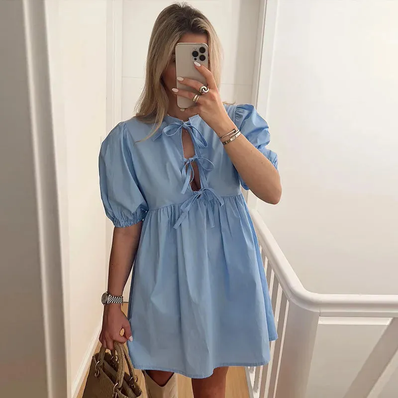Leopard Print Bow Lace Up Mini Dress for Women O-neck Hollow Out Short Puff Sleeve Sweet Dresses 2024 Summer A-line Lady Vestido