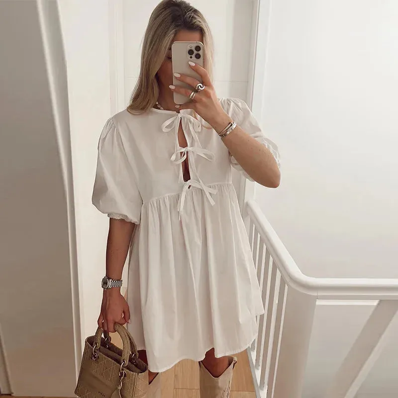 Leopard Print Bow Lace Up Mini Dress for Women O-neck Hollow Out Short Puff Sleeve Sweet Dresses 2024 Summer A-line Lady Vestido