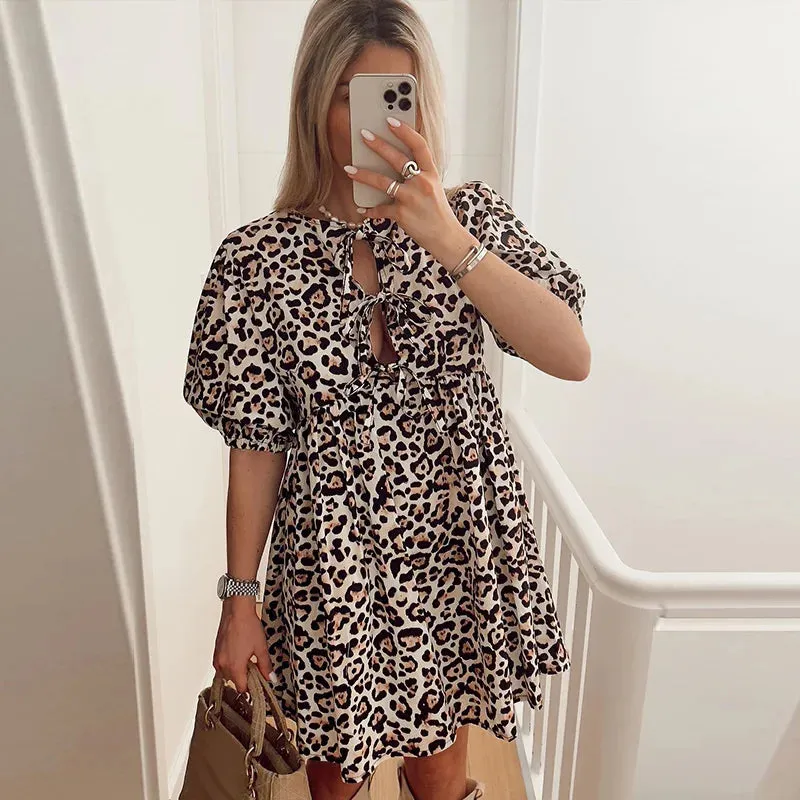 Leopard Print Bow Lace Up Mini Dress for Women O-neck Hollow Out Short Puff Sleeve Sweet Dresses 2024 Summer A-line Lady Vestido