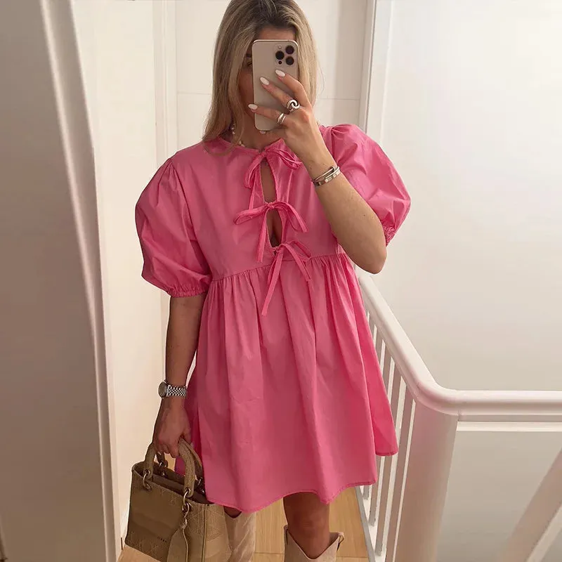 Leopard Print Bow Lace Up Mini Dress for Women O-neck Hollow Out Short Puff Sleeve Sweet Dresses 2024 Summer A-line Lady Vestido