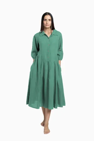 Linen Magnolia Dress-Midnight Green