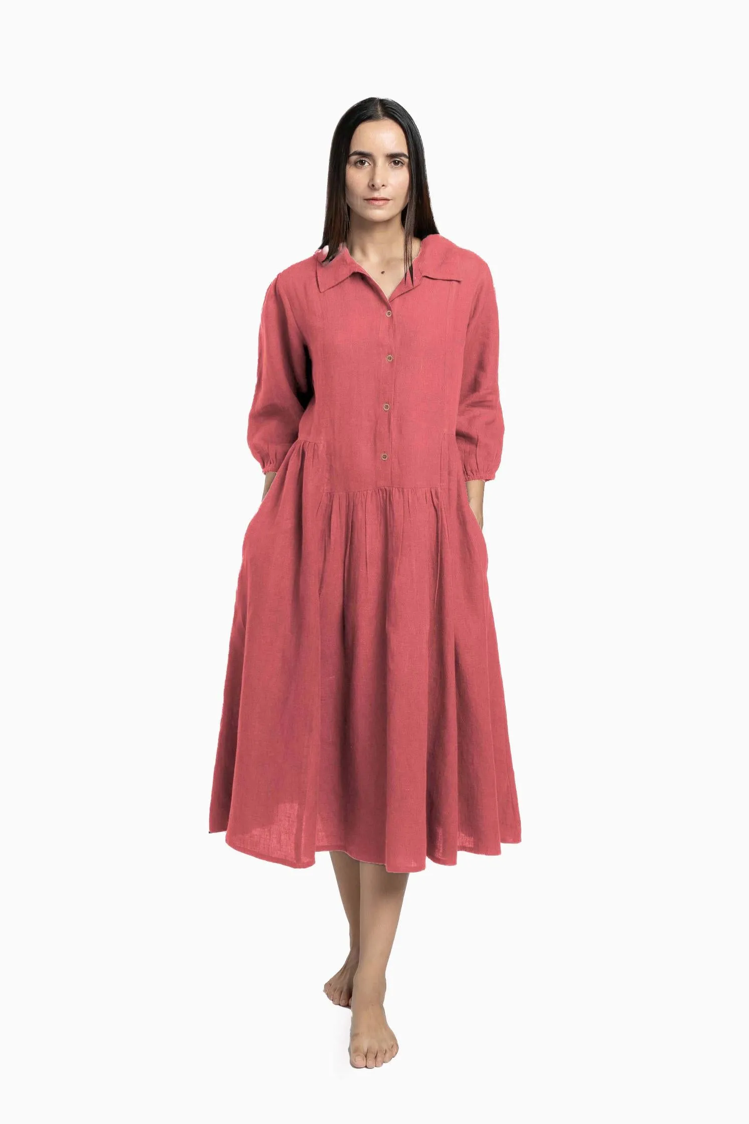 Linen Magnolia Dress-Midnight Green