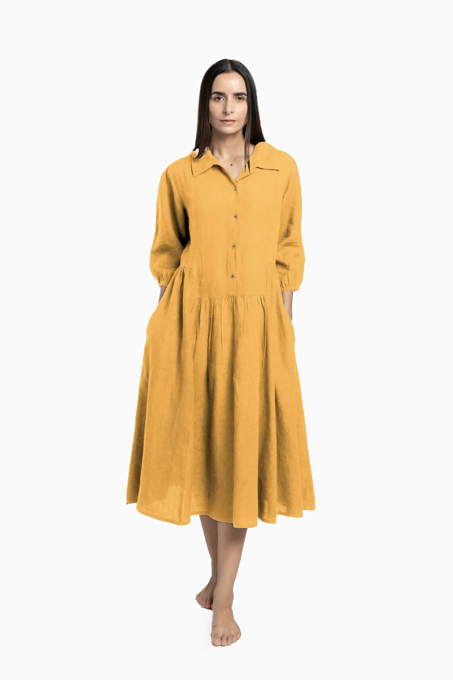 Linen Magnolia Dress-Midnight Green