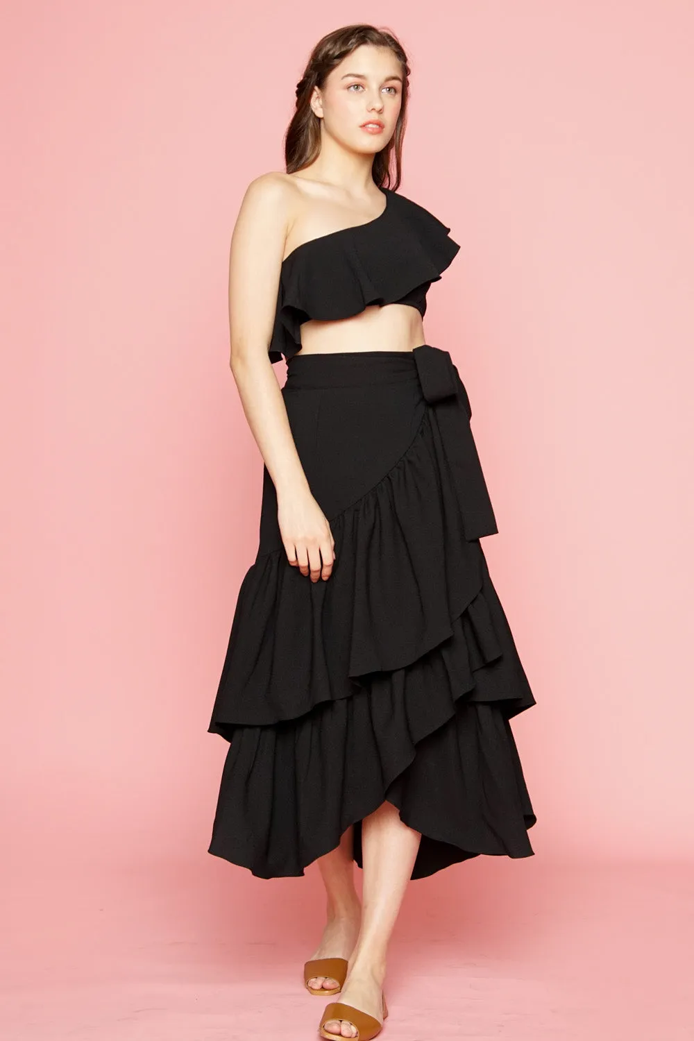 LOLITA SET DRESS: Ruffle Wrap Skirt  Asymmetric Ruffle Crop Top (Black)