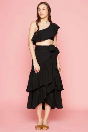 LOLITA SET DRESS: Ruffle Wrap Skirt  Asymmetric Ruffle Crop Top (Black)