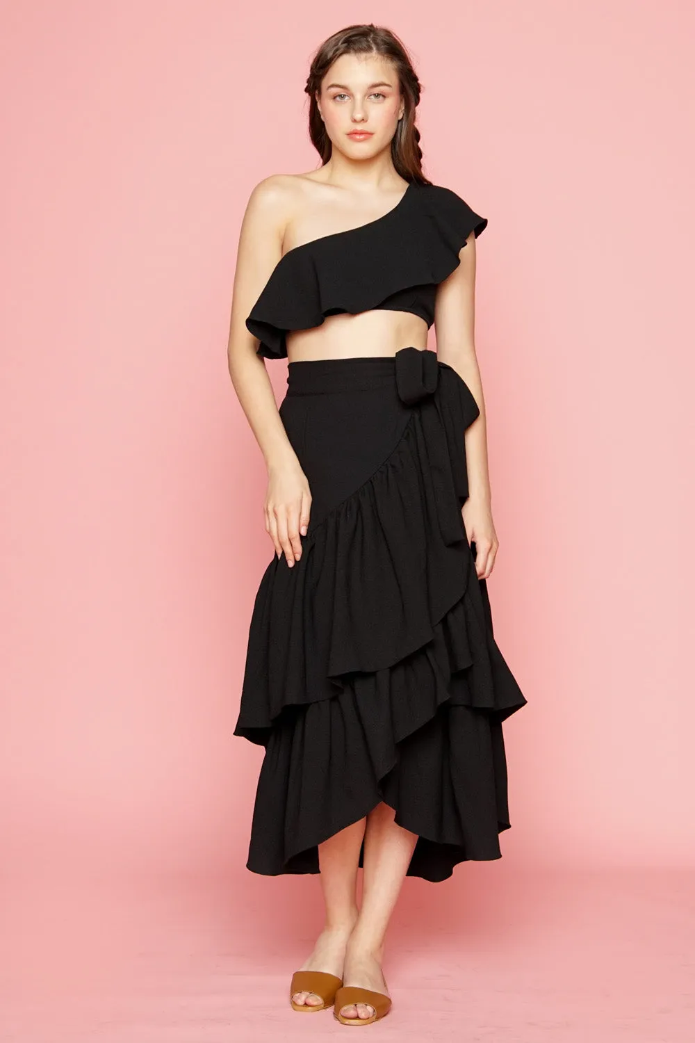 LOLITA SET DRESS: Ruffle Wrap Skirt  Asymmetric Ruffle Crop Top (Black)