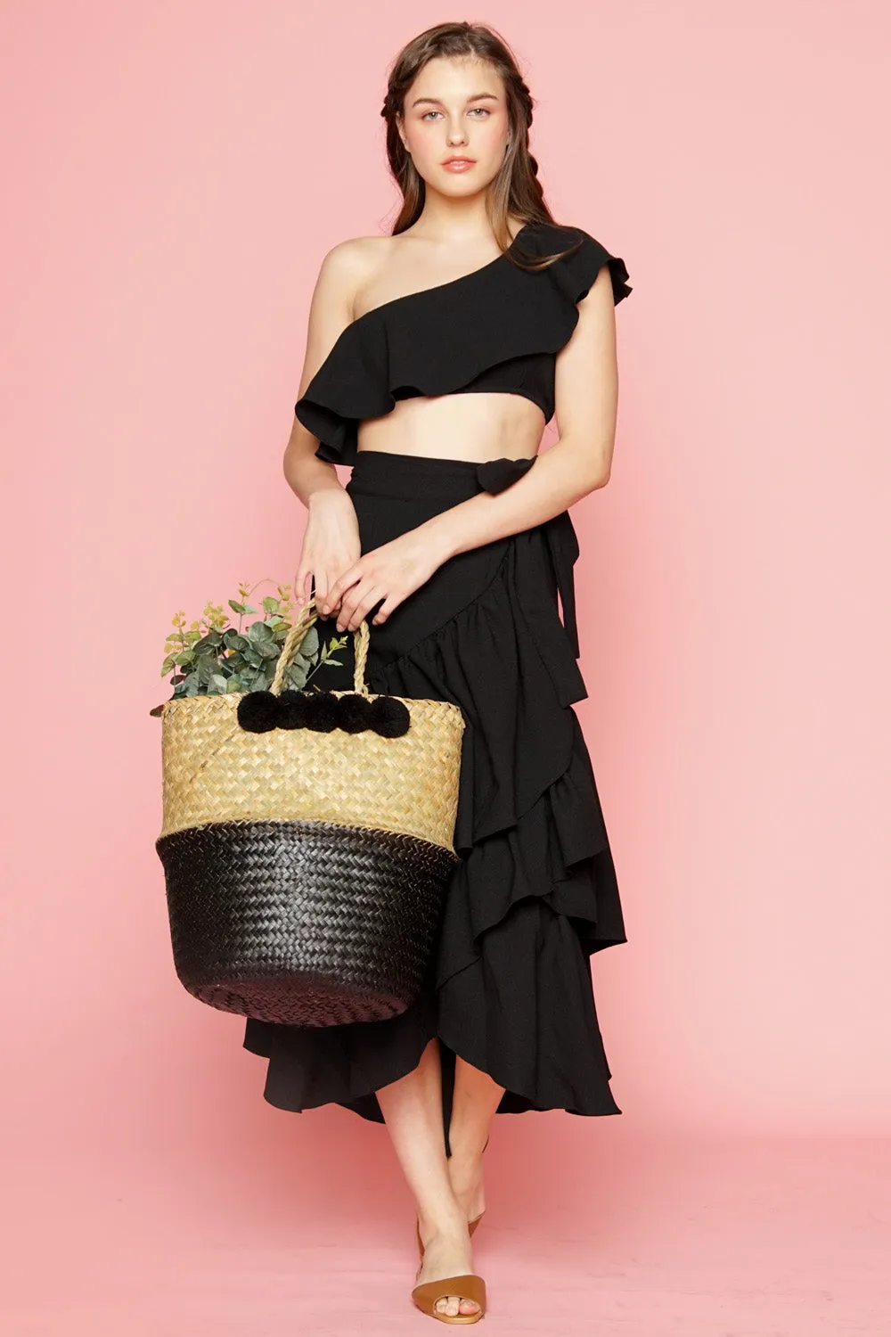 LOLITA SET DRESS: Ruffle Wrap Skirt  Asymmetric Ruffle Crop Top (Black)