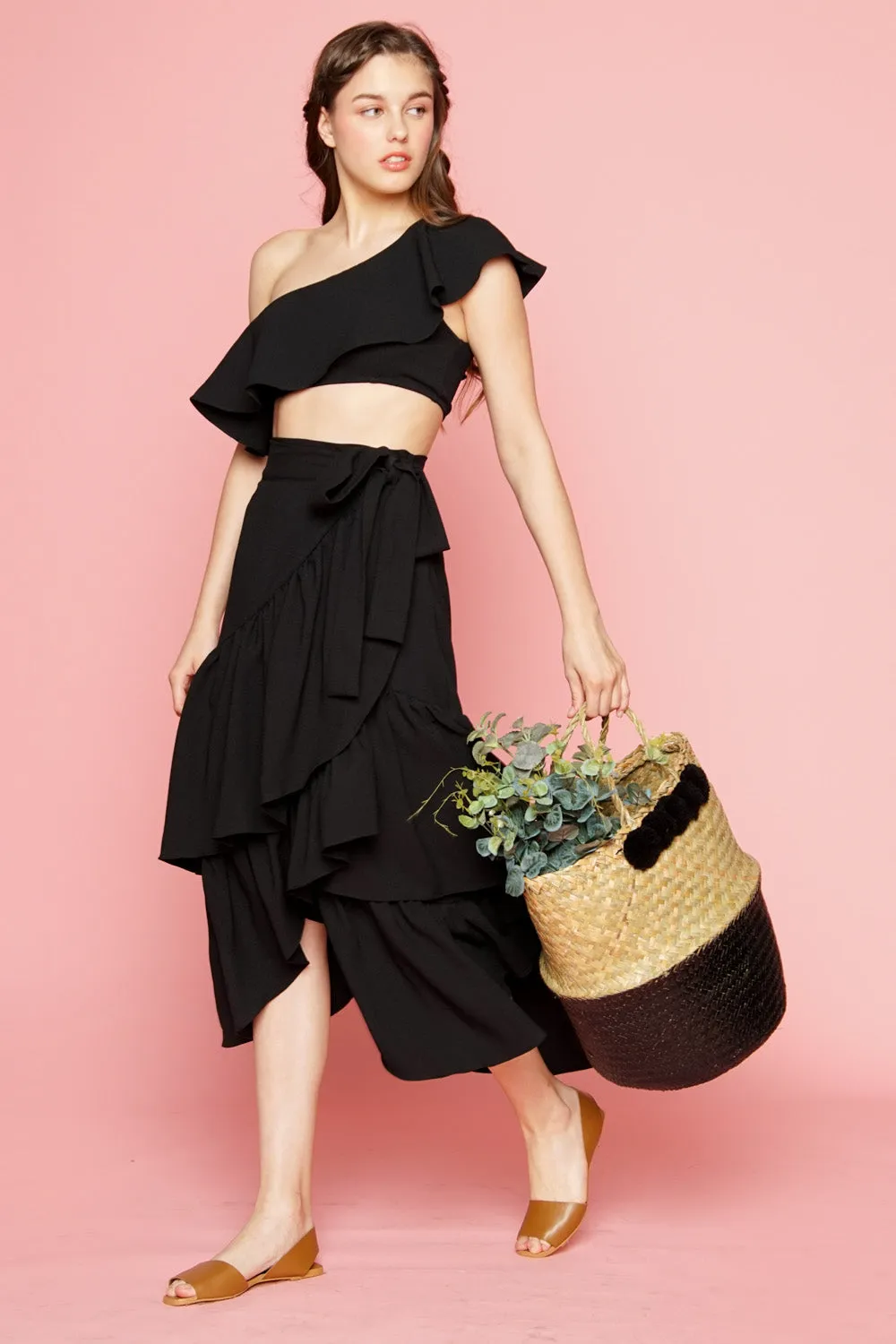 LOLITA SET DRESS: Ruffle Wrap Skirt  Asymmetric Ruffle Crop Top (Black)