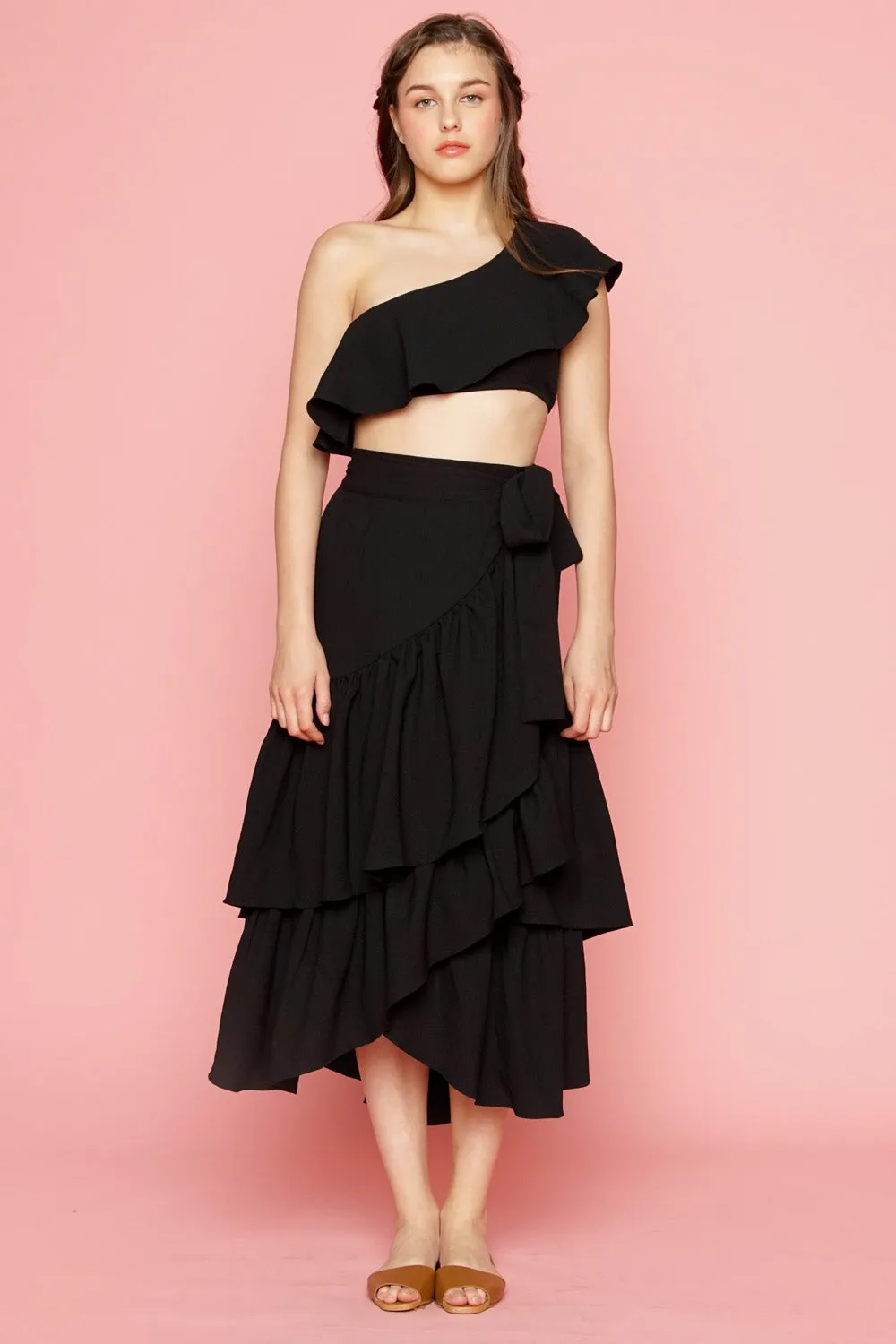 LOLITA SET DRESS: Ruffle Wrap Skirt  Asymmetric Ruffle Crop Top (Black)
