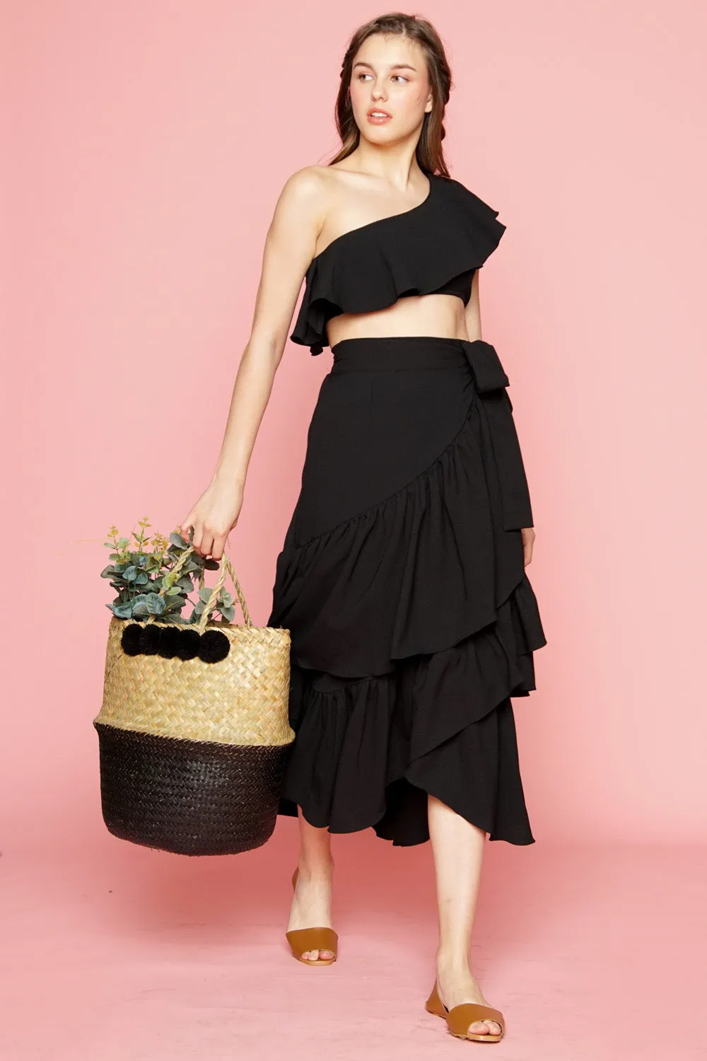 LOLITA SET DRESS: Ruffle Wrap Skirt  Asymmetric Ruffle Crop Top (Black)