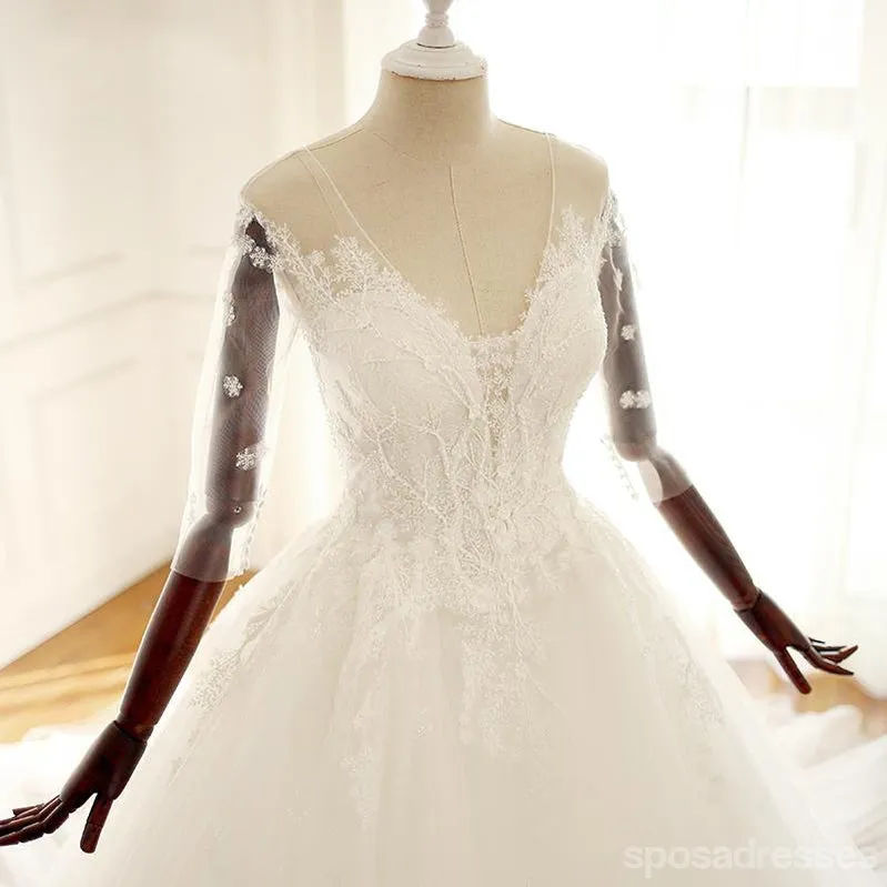 Long Sleeve V Neck Lace Long Cheap Custom Wedding Bridal Dresses, WD295