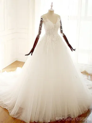 Long Sleeve V Neck Lace Long Cheap Custom Wedding Bridal Dresses, WD295