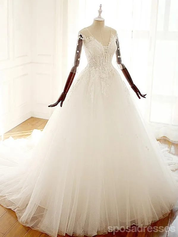 Long Sleeve V Neck Lace Long Cheap Custom Wedding Bridal Dresses, WD295