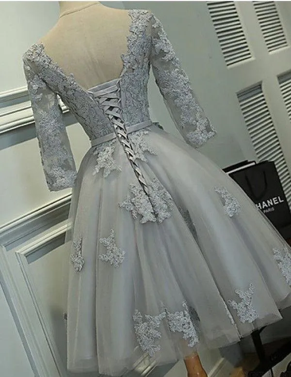 Long Sleeves Grey Lace Short Cheap Homecoming Dresses Online, BDY0282
