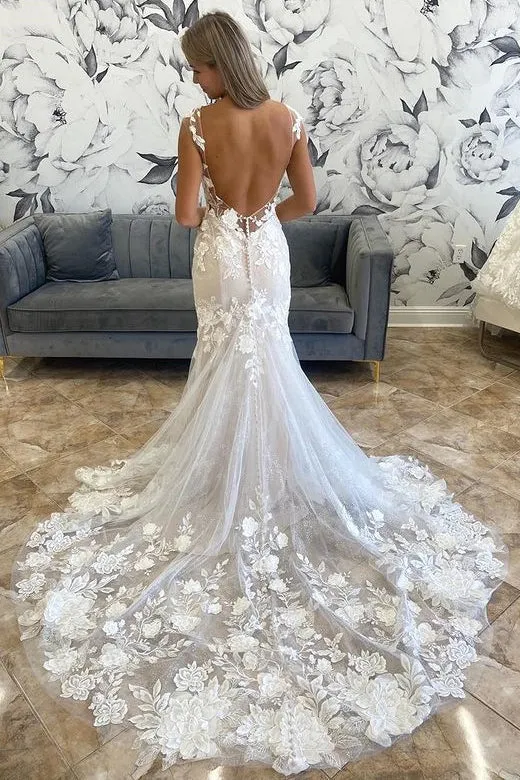 Marianna | White Illusion Neck Appliques Mermaid Long Wedding Dress