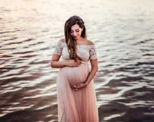 Maternity Blush off-shoulders short sleeves dress #1139