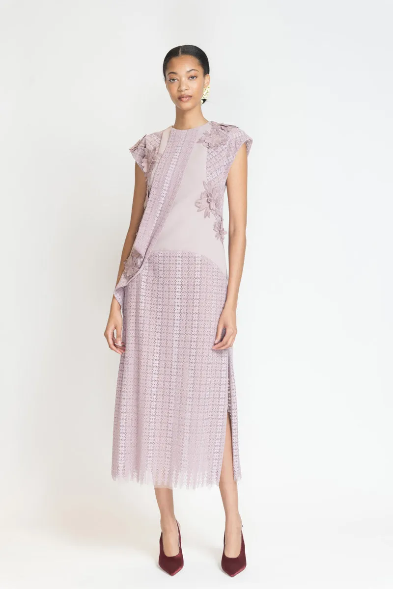 Mauve Flocked Lace Tunic Dress with Floral Appliqué