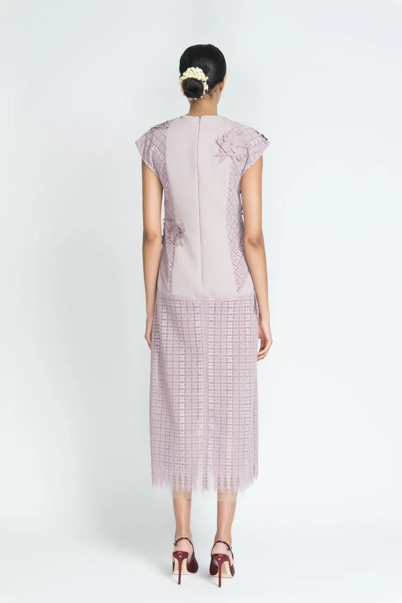 Mauve Flocked Lace Tunic Dress with Floral Appliqué