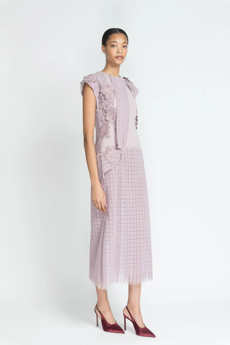 Mauve Flocked Lace Tunic Dress with Floral Appliqué