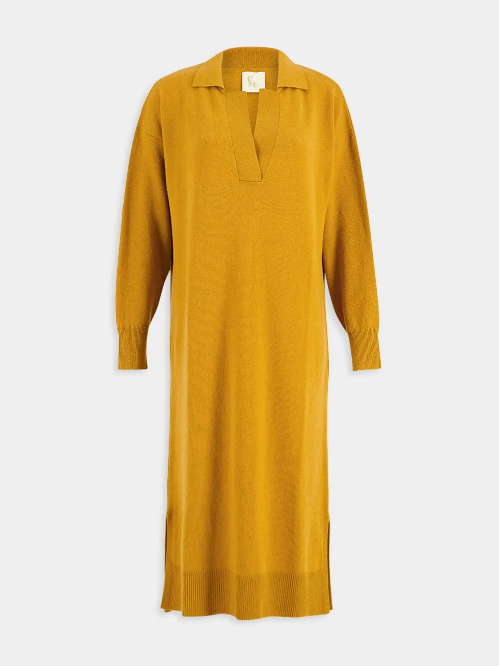 Maya Mustard V-Neck Cashmere Midi Dress