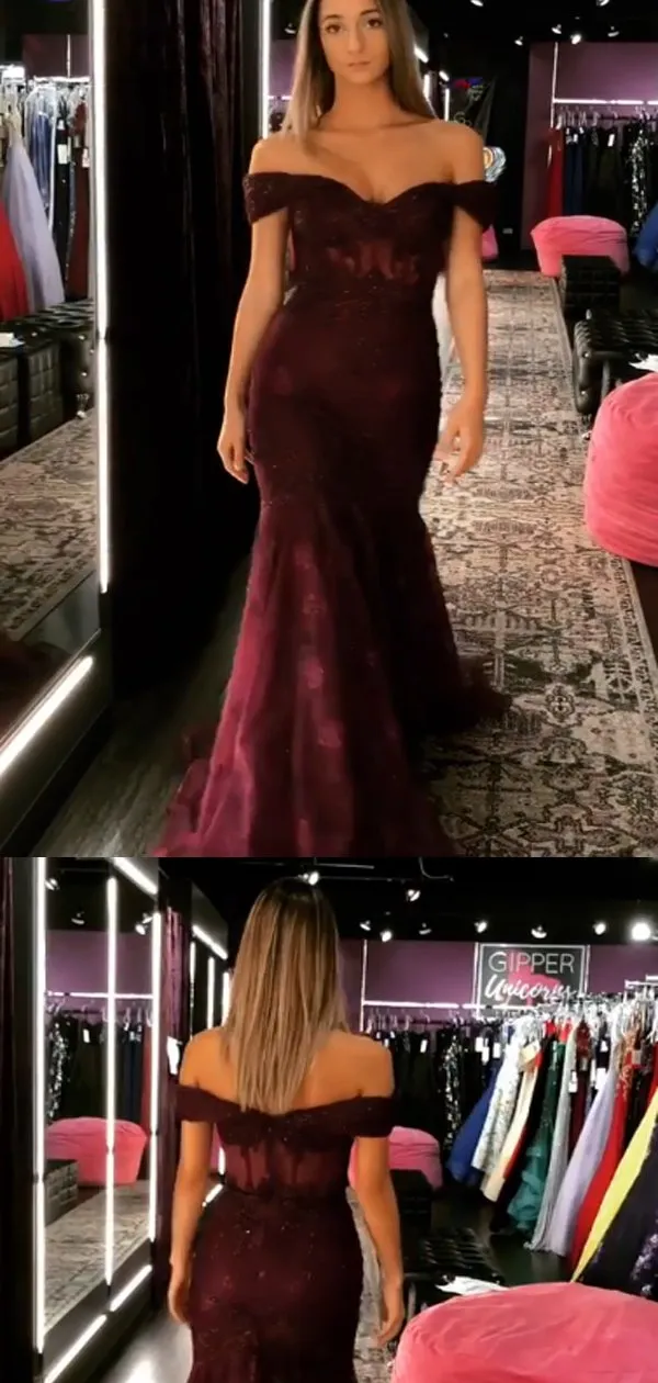 Mermaid Off-The-Shoulder Burgundy Lace Long Prom Dresses,Cheap Prom Dresses,PDY0513