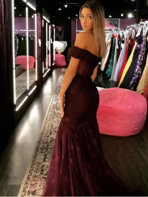Mermaid Off-The-Shoulder Burgundy Lace Long Prom Dresses,Cheap Prom Dresses,PDY0513