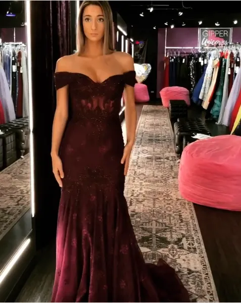 Mermaid Off-The-Shoulder Burgundy Lace Long Prom Dresses,Cheap Prom Dresses,PDY0513