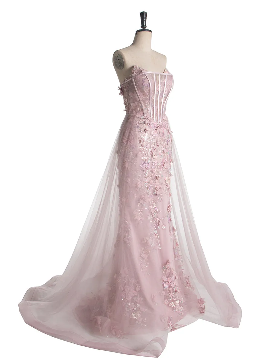 Mermaid Strapless Sweep Train 3D Flower Pink Floral Lace Prom Gown YE2530