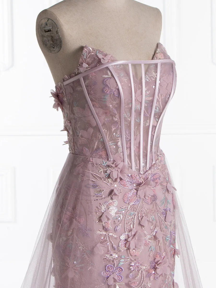 Mermaid Strapless Sweep Train 3D Flower Pink Floral Lace Prom Gown YE2530