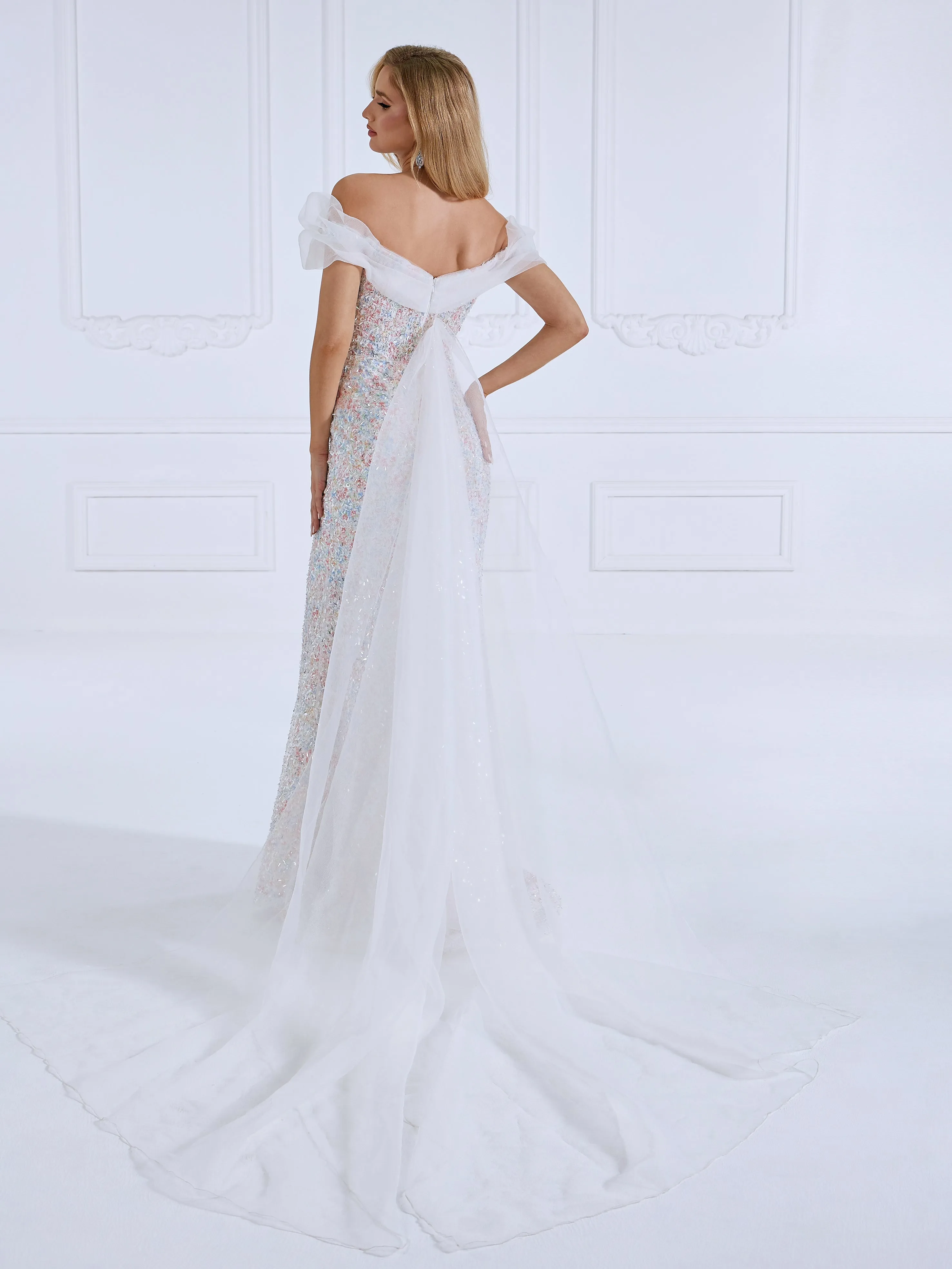 Mermaid V-Neck Cape Train Sequin Prom Dresses with Beading Sequins #18686