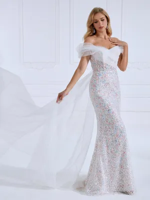 Mermaid V-Neck Cape Train Sequin Prom Dresses with Beading Sequins #18686