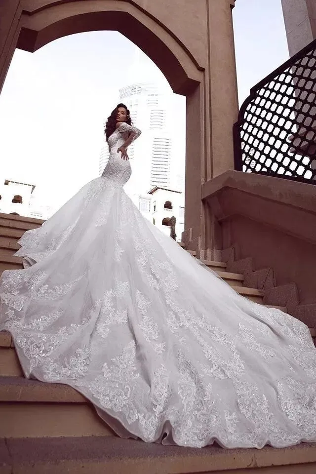 Mermaid V-neck Off-the-shoulder Long Train Organza Paillette Applique Wedding Dress