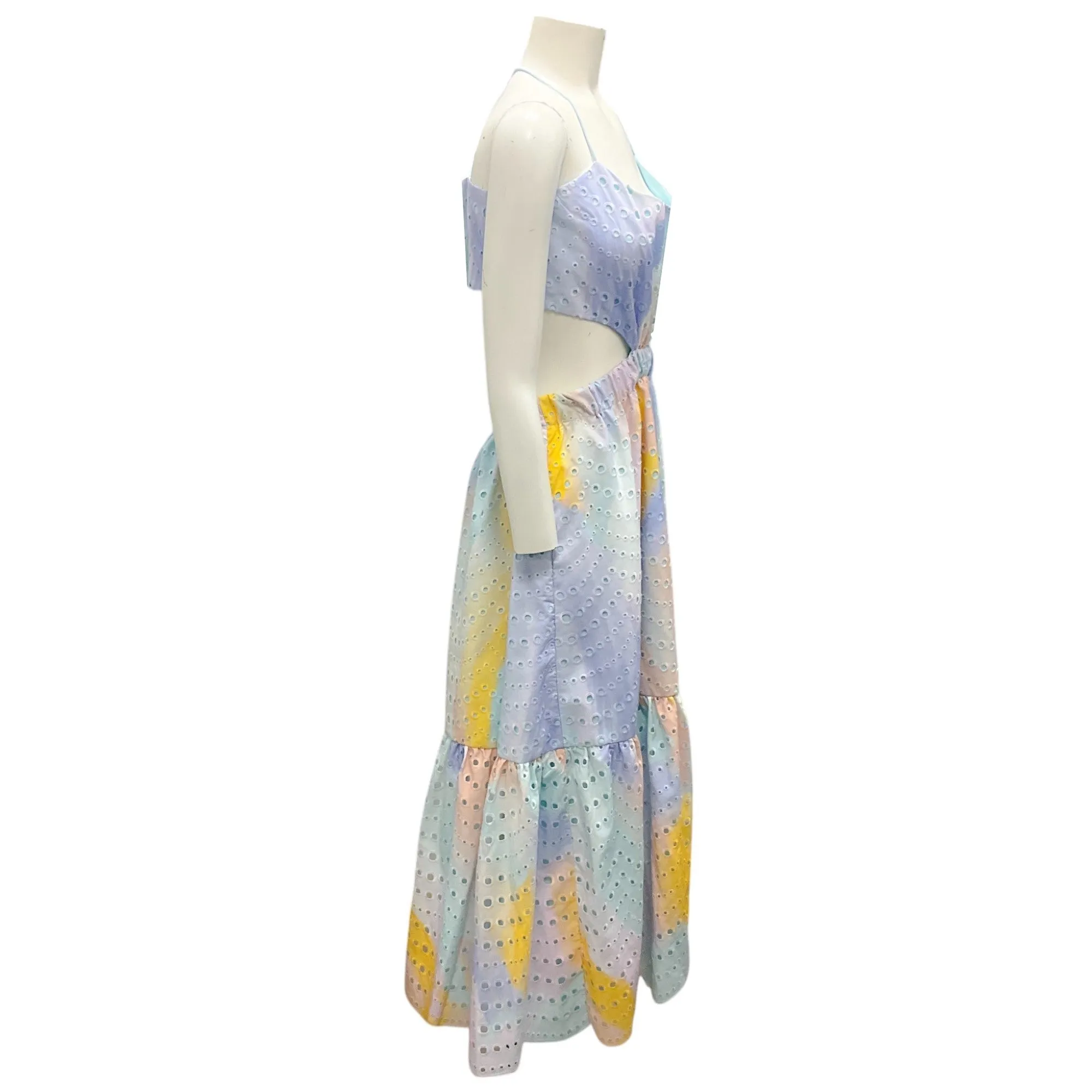 Monique Lhuillier Light Blue Multi Ombre Effect Cut-Out Detail Eyelet Midi Dress