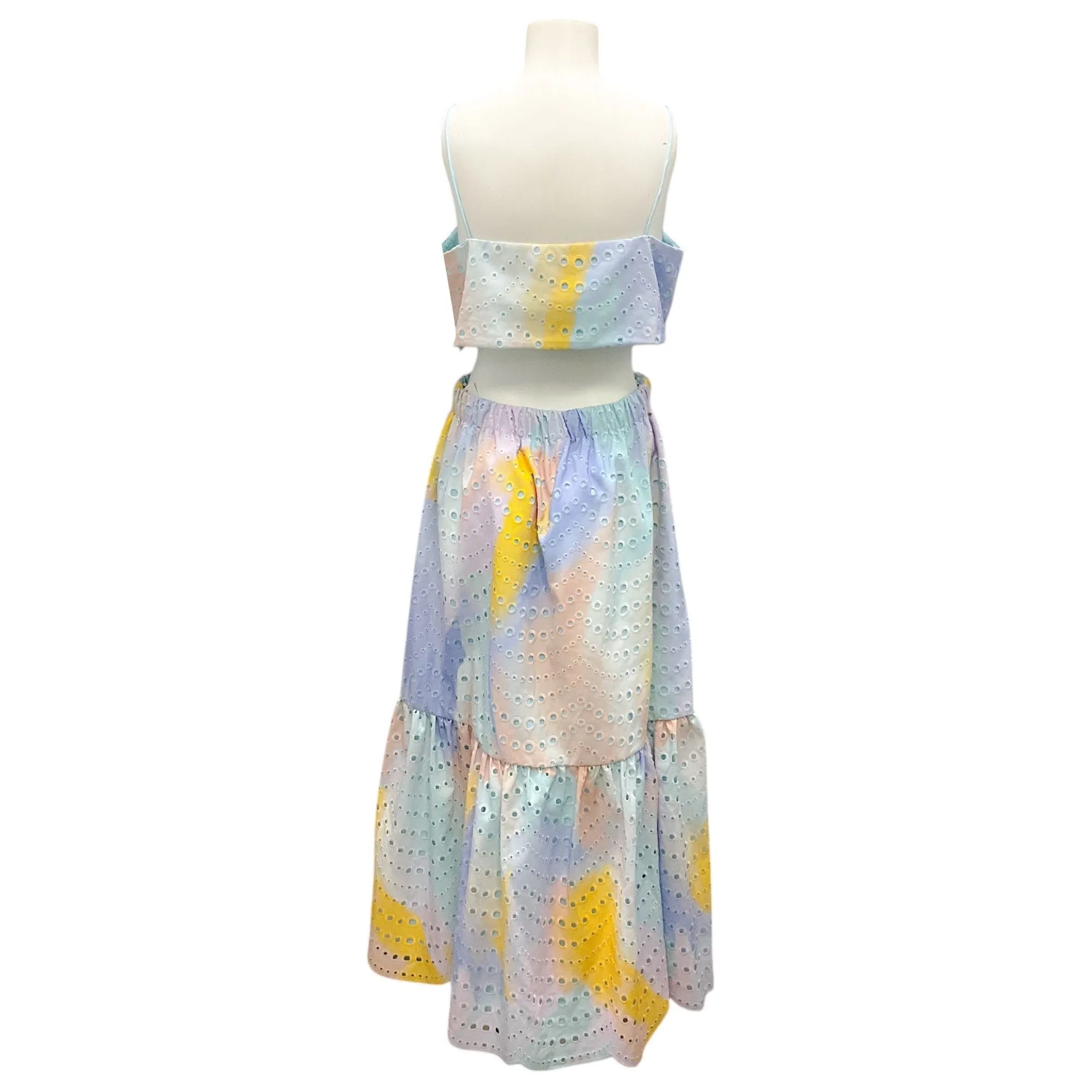 Monique Lhuillier Light Blue Multi Ombre Effect Cut-Out Detail Eyelet Midi Dress