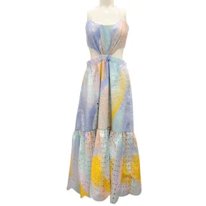 Monique Lhuillier Light Blue Multi Ombre Effect Cut-Out Detail Eyelet Midi Dress