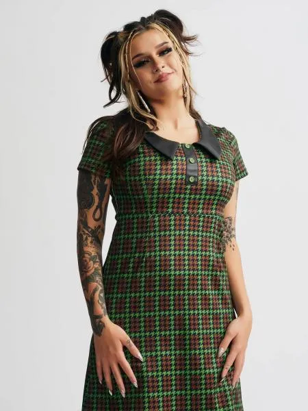 Monster Houndstooth Vinyl Collar Dress - Green/Brown -
