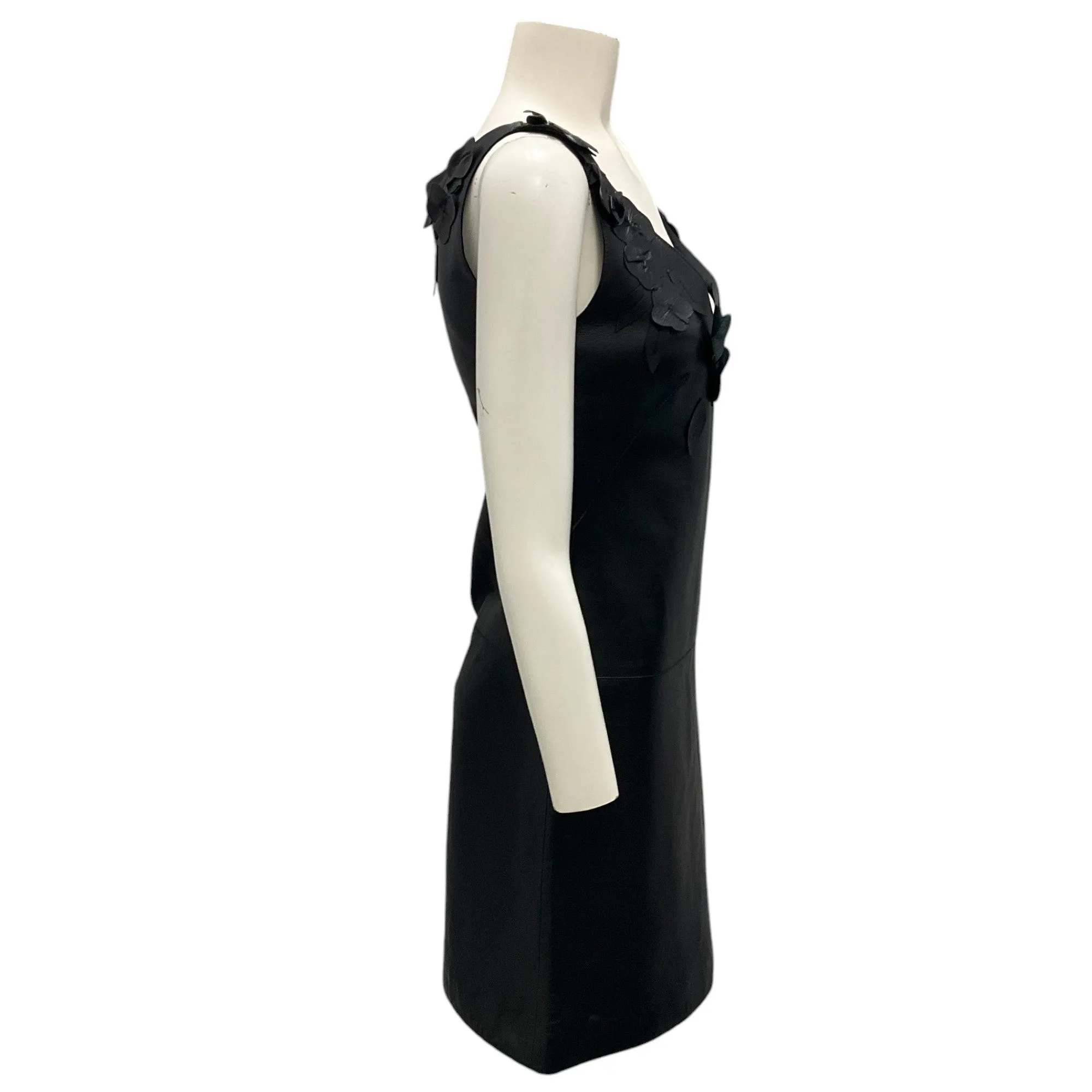 Moschino Black Floral Applique Sleeveless Leather Dress