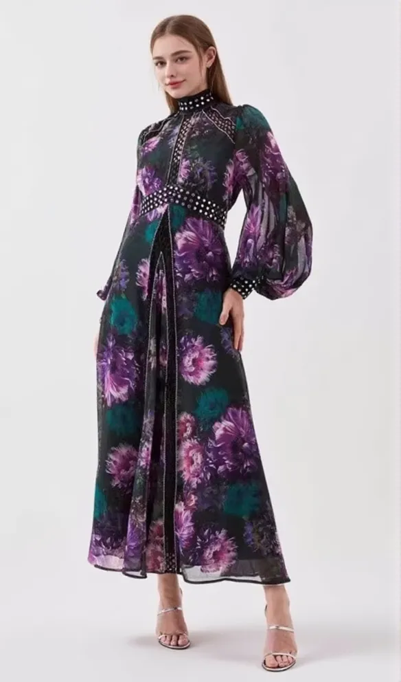 multicolor studded floral lace maxi dress