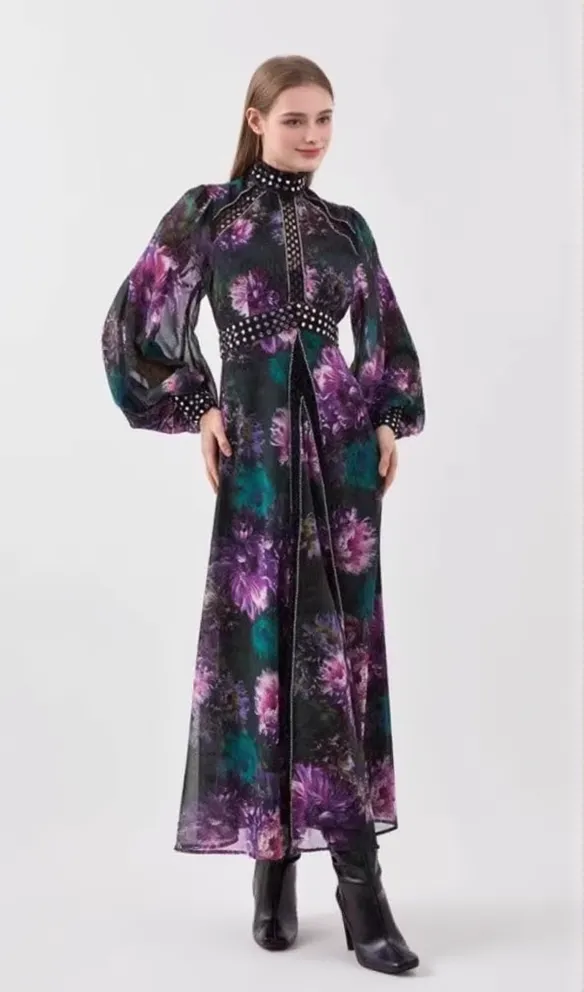 multicolor studded floral lace maxi dress