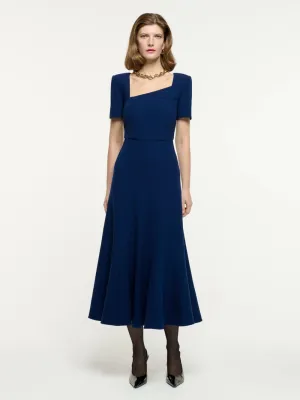 Navy Short Sleeve Wool Crepe Midi Dress