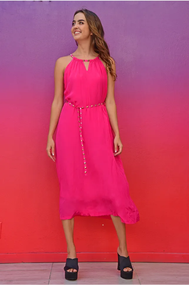 Neck Point Hot Pink Maxi Dress