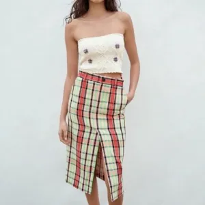 New Zara Structured Plaid Midi Skirt Sz S