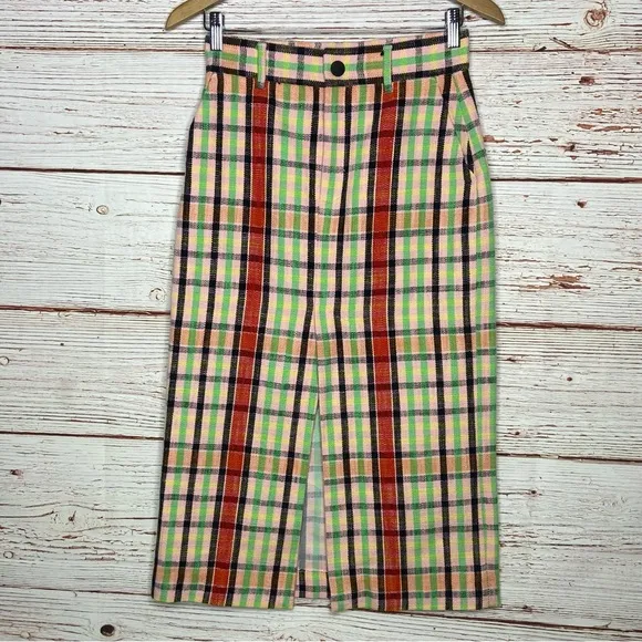 New Zara Structured Plaid Midi Skirt Sz S