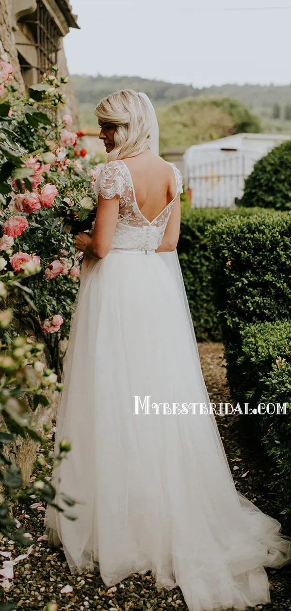 Newest Short Sleeve A-line Lace Tulle Simple Long Wedding Dresses, WDS0078