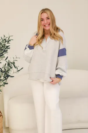 Not Mad About it Bucketlist French Terry Pullover in Heather Gray/Navy Mix
