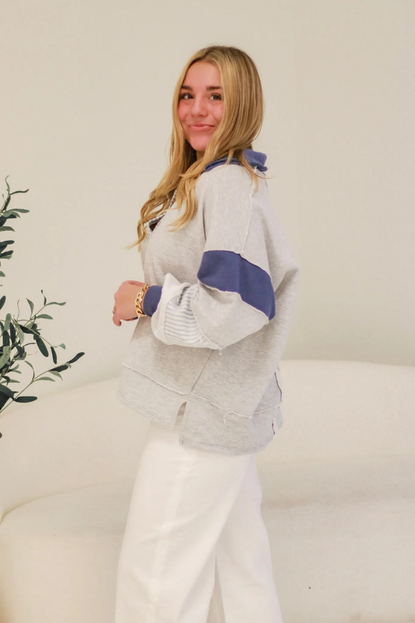 Not Mad About it Bucketlist French Terry Pullover in Heather Gray/Navy Mix